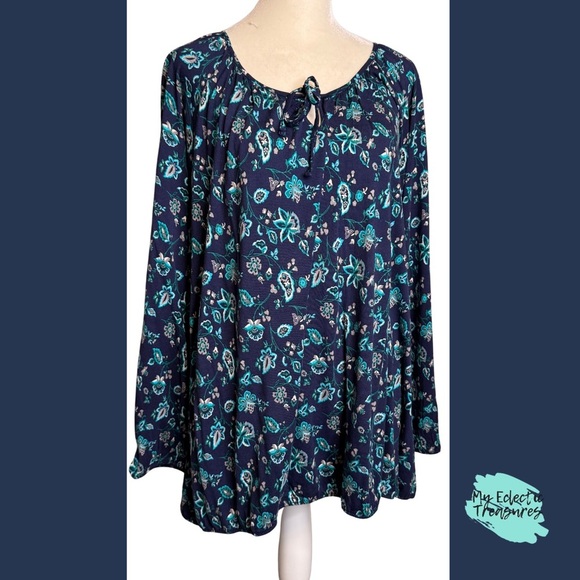 Old Navy Blue Floral Long Sleeve Tie Front Blouse 2XL - Picture 1 of 8